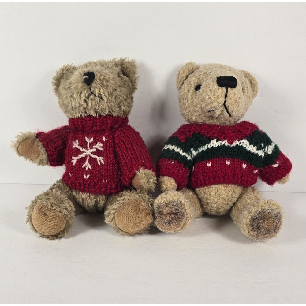 Hugfun Teddy Bears Plush Lot of 2 Stuffed Toy With Sweaters Christmas Tan 6”